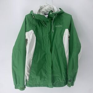 Columbia OMNI-TECH Waterproof Hooded Rain Jacket Green White Size Large
